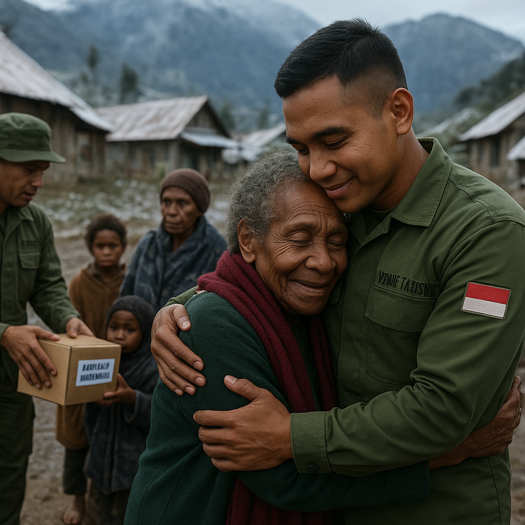 Pelukan Hangat di Tengah Bencana Es, Satgas TNI Bagi Makanan untuk Warga Wamitu
