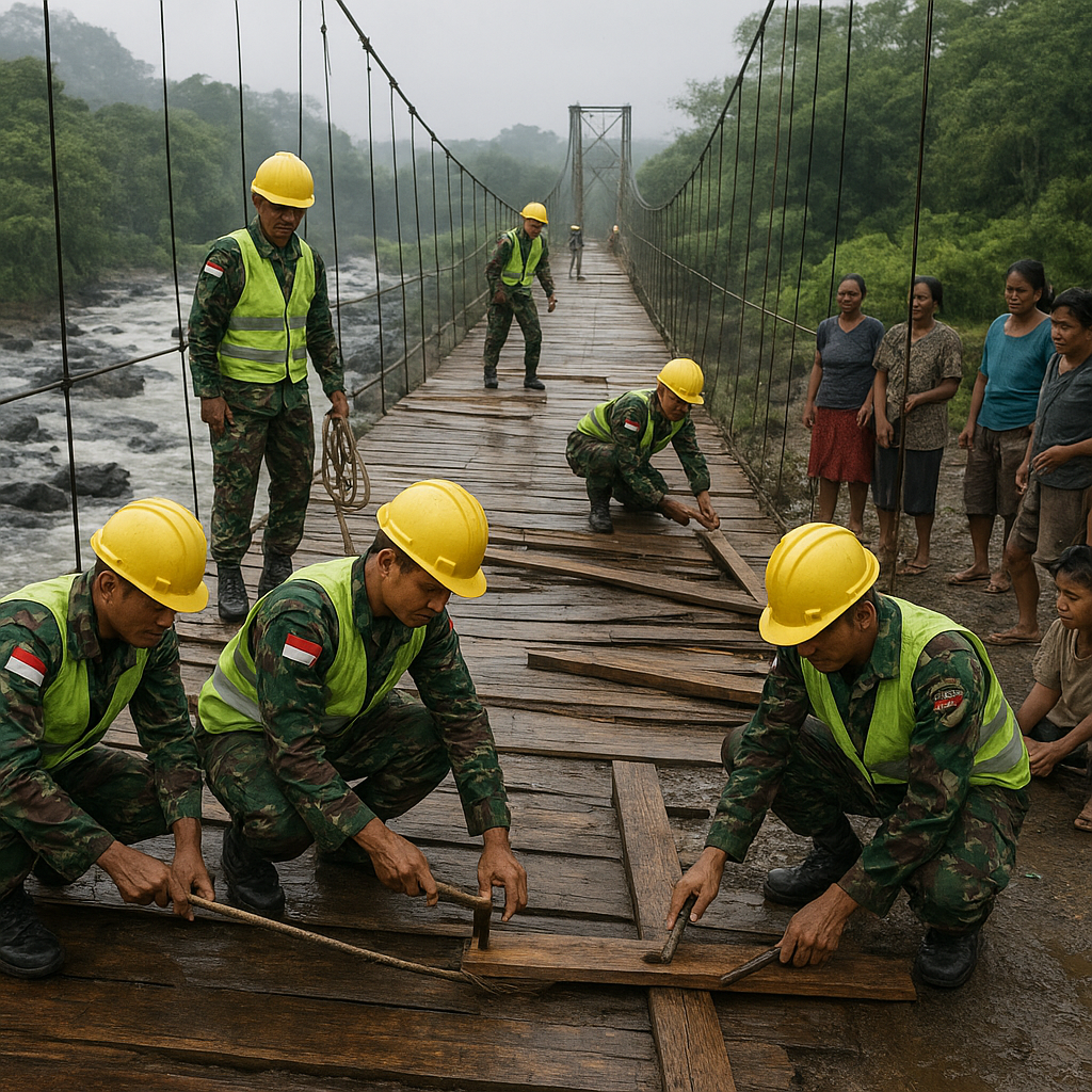 Kilas Pelosok: Jembatan Gantung Warga Desa Manggarai Akhirnya Diperbaiki TNI AD