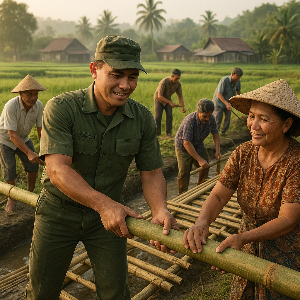 Babinsa Koramil 01 Bantu Petani Desa Sukamaju Bangun Jembatan Sawah