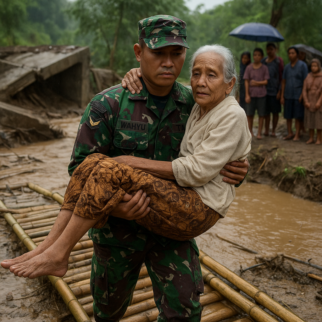 Kisah Haru: Prajurit TNI Gendong Lansia Lewati Jembatan Darurat di Gunungkidul