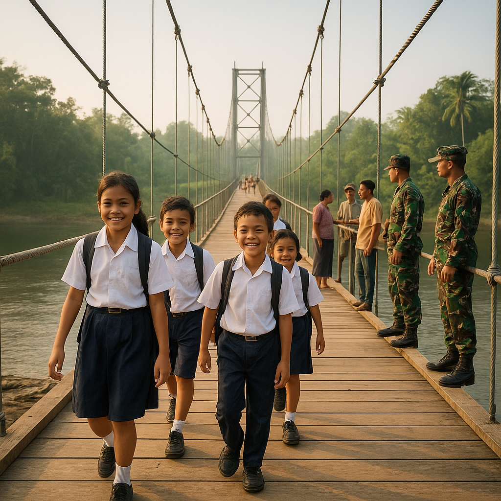 Kilas Pelosok: Jembatan Gantung Desa Rantau Baru Selesai Dikerjakan TNI – Akses Anak Sekolah Kini Lebih Aman