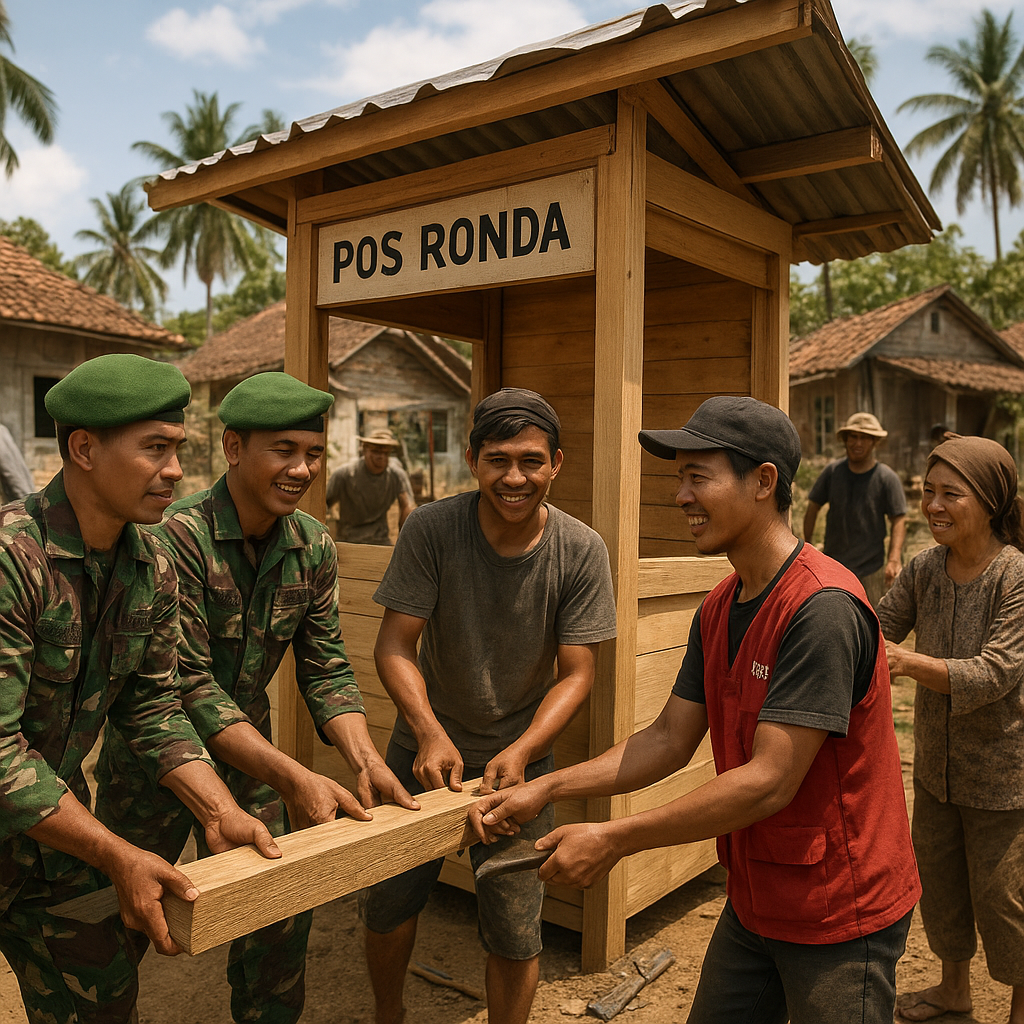 TNI dan Pemuda Desa Bangun Pos Ronda Bersama