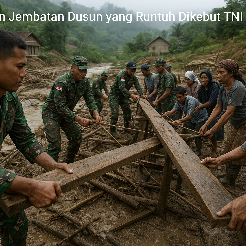 Perbaikan Jembatan Dusun yang Runtuh Dikebut TNI dan Warga