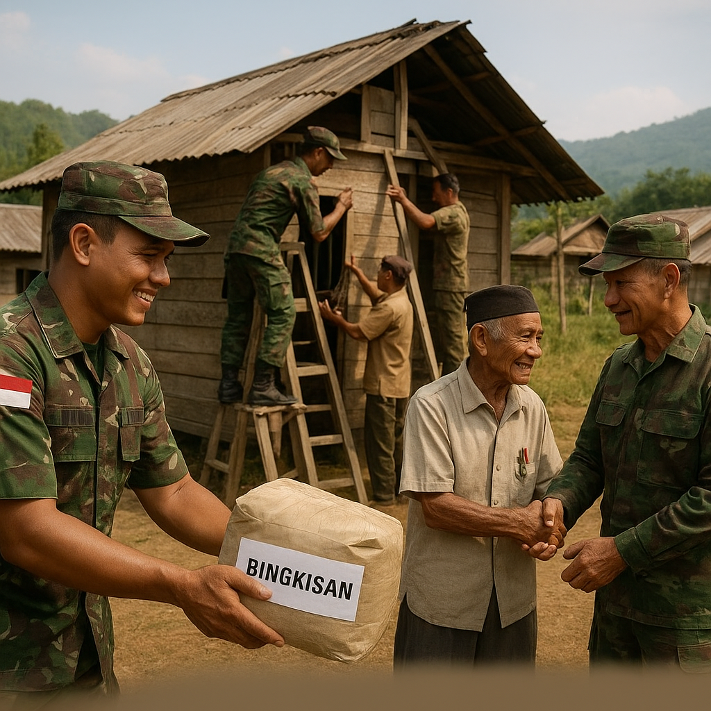 Prajurit TNI Bagikan Bingkisan dan Bantu Perbaiki Rumah Warga di Perbatasan
