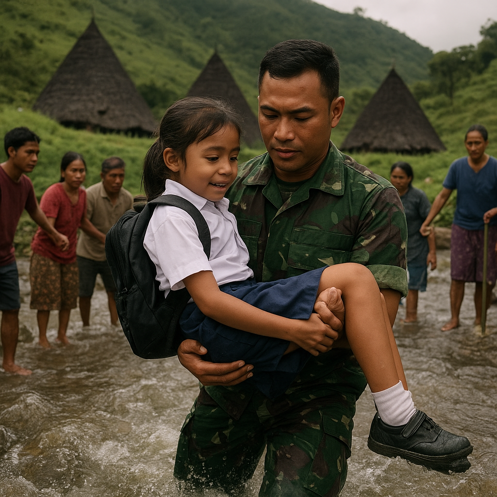Cerita Haru Babinsa Antar Anak SD Menyeberangi Sungai di NTT
