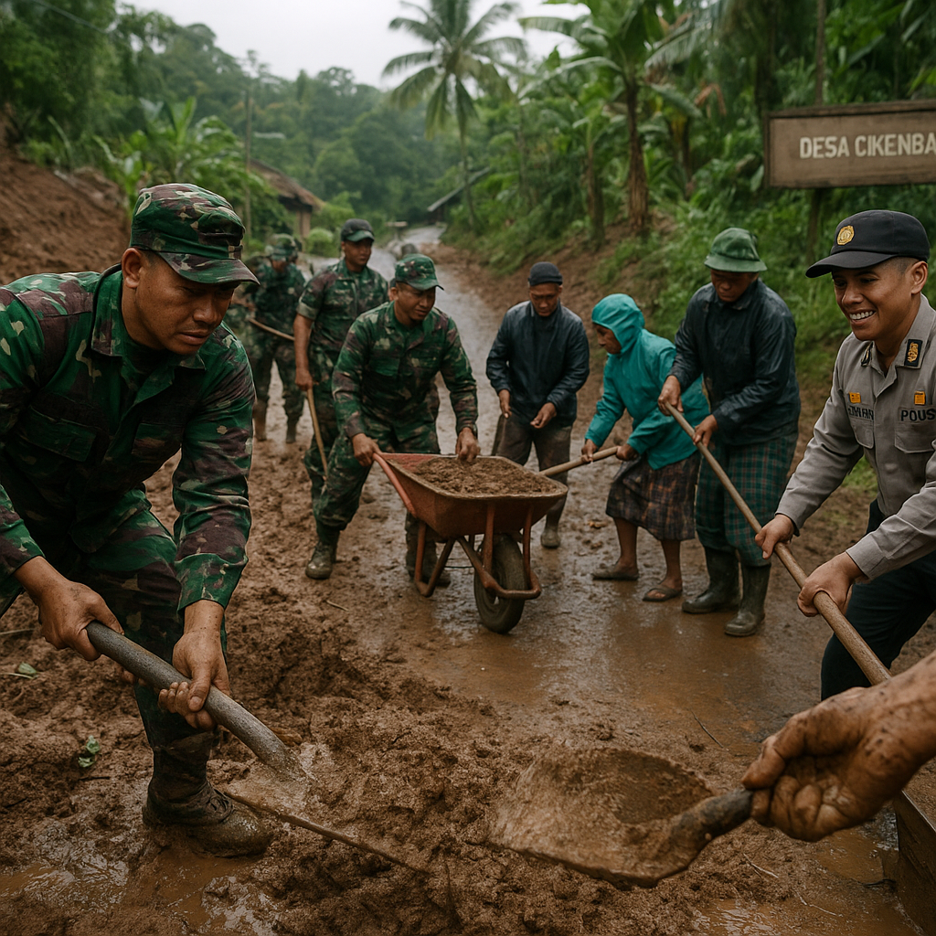 Bahu-Membahu Bersihkan Longsor, TNI dan Warga Desa Cikembang Tunjukkan Kemanunggalan