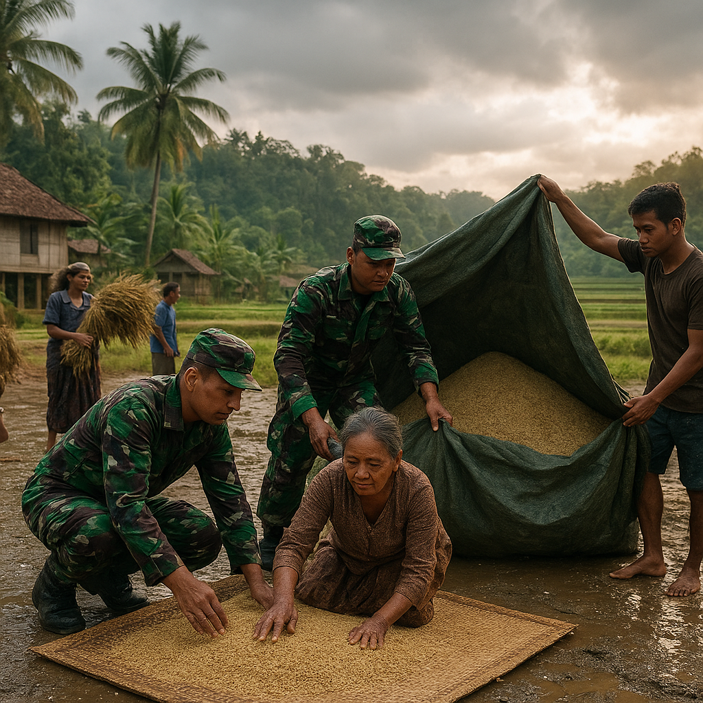 Prajurit TNI Bantu Jemur Padi Warga Usai Hujan Deras di Desa Tepian Hutan