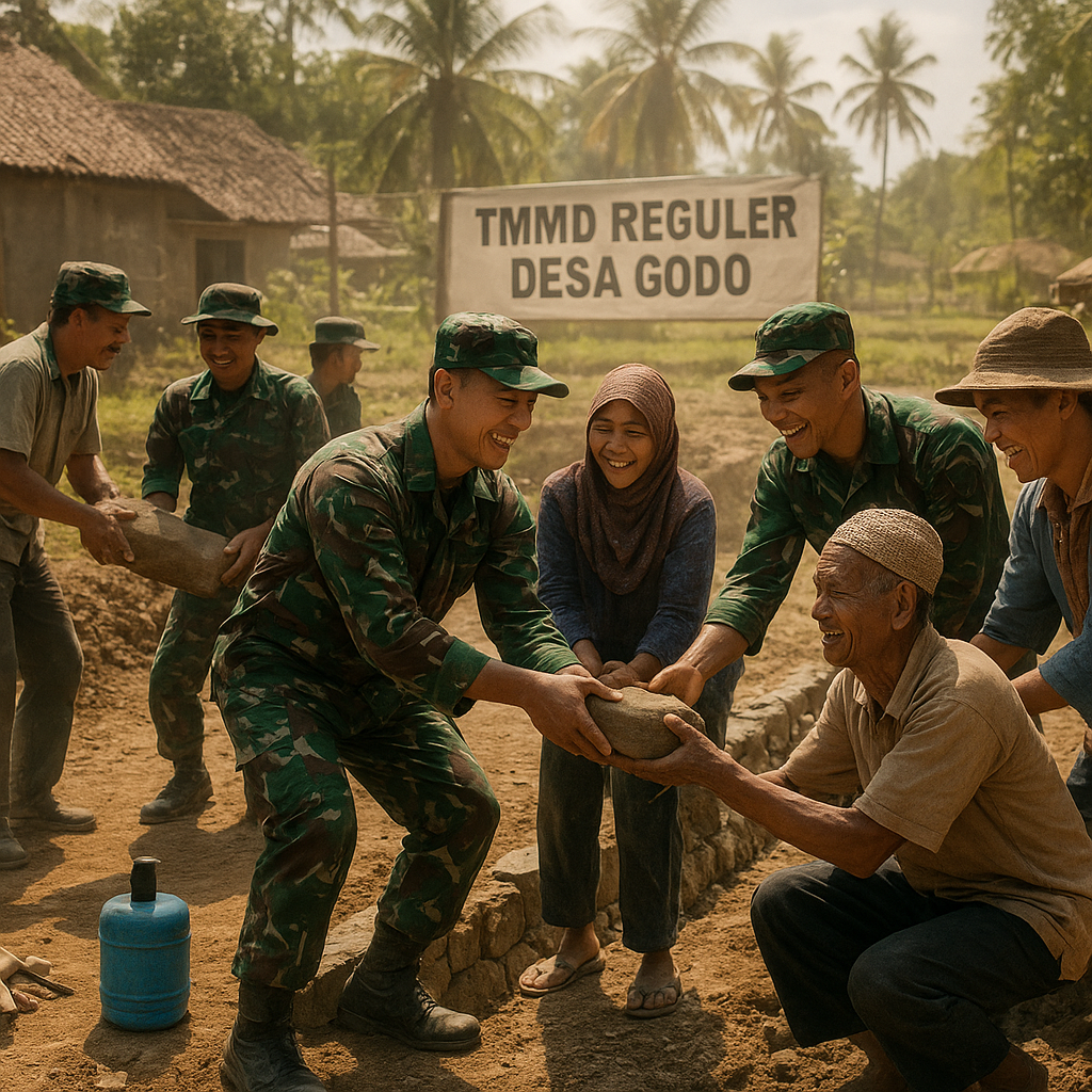 Di Balik Debu dan Terik, Terjalin Hangatnya Kebersamaan Satgas TMMD dan Warga Desa Godo