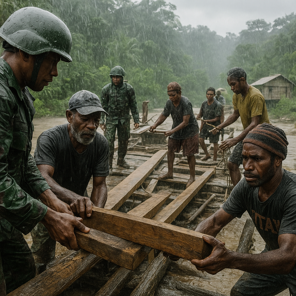 Satgas Yonif 512/QY Bangun Jembatan Darurat Warga Kampung Muara di Tengah Hujan Lebat