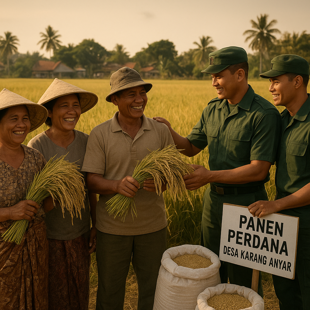 Berkat Bimbingan TNI, Kelompok Tani Desa Karang Anyar Panen Perdana Padi Varietas Unggul