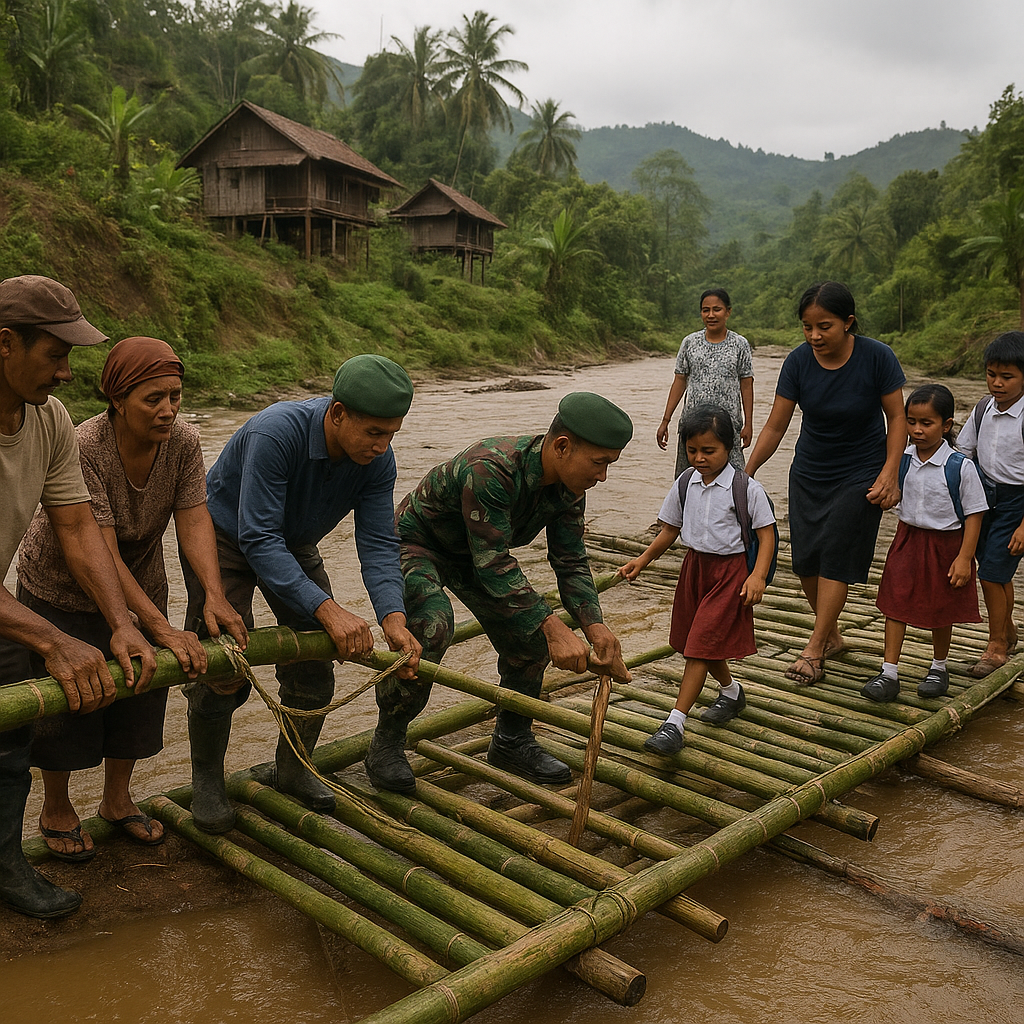 Warga Lereng Gunung Bersama TNI Bangun Jembatan Bambu, 'Ini buat Anak-anak Sekolah Tak Terhanyut Sungai'