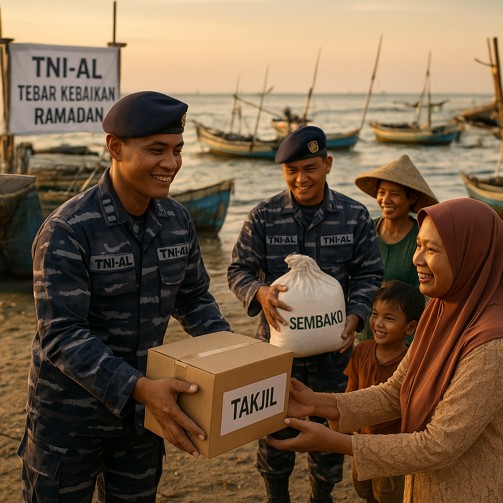 Tebar Kebaikan Ramadan, TNI-AL Bagi Takjil dan Sembako untuk Warga Pesisir