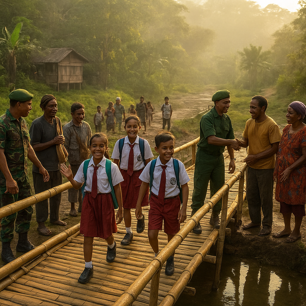 TNI Bangun Jembatan Bambu di Kampung Terisolir Papua, Anak-anak Sekolah Kini Tak Perah Takut Sungai
