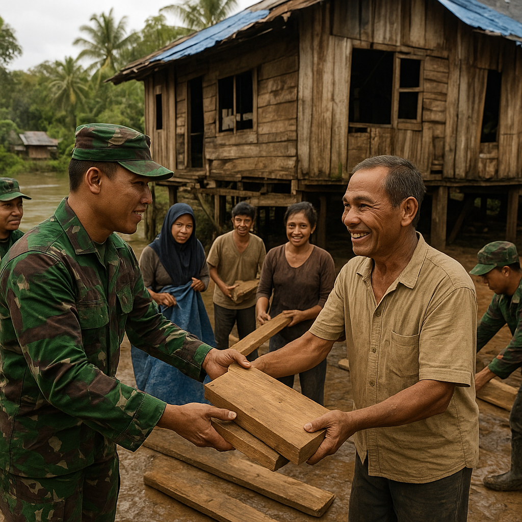 Prajurit TNI Membantu Rehabilitasi Rumah Warga di Desa Tepian Sungai