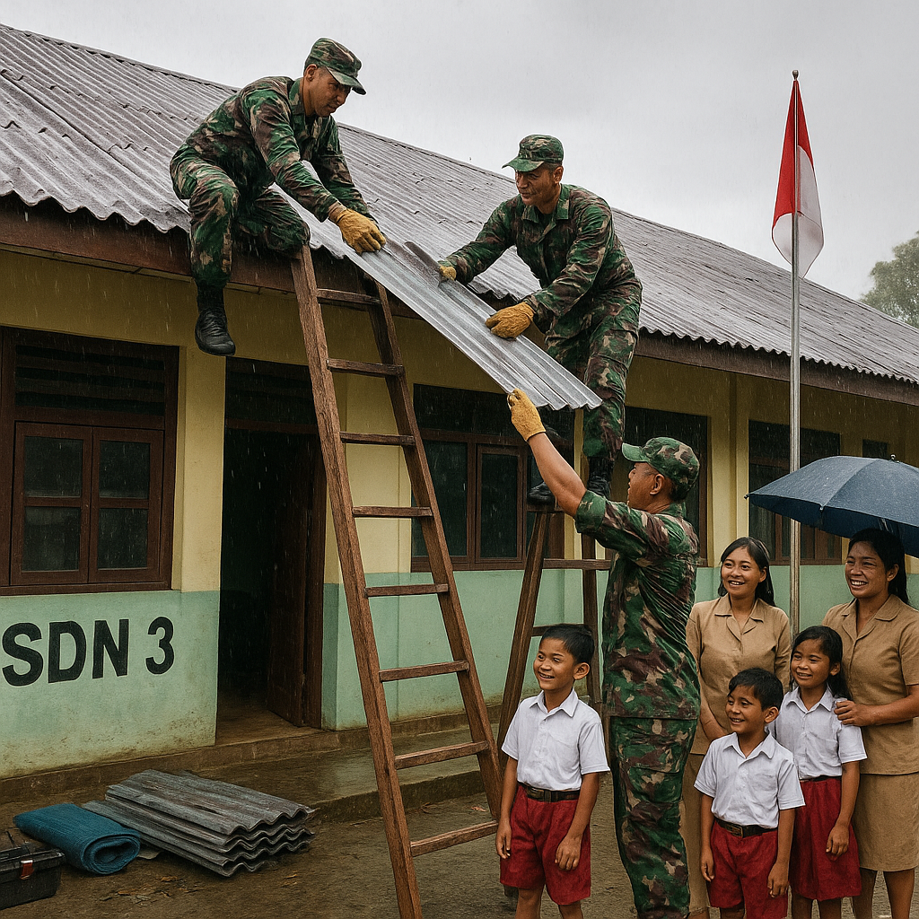 Prajurit TNI Bantu Perbaiki Atap Sekolah yang Bocor di Musim Hujan, Proses Belajar Kembali Nyaman