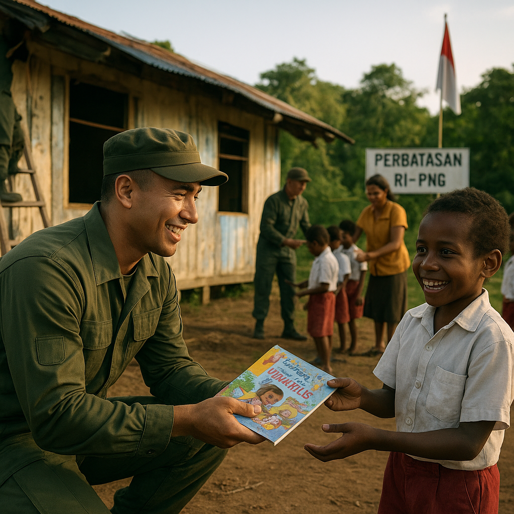 Satgas Yonif 125 Sibolangi Bantu Perbaiki Sekolah dan Bagikan Buku di Perbatasan RI-Papua Nugini