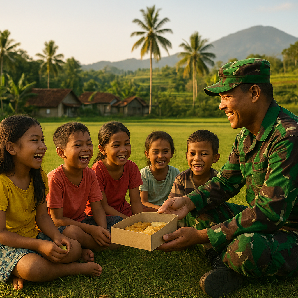 Prajurit TNI Ngemil Bareng Anak-anak Desa Sukamaju