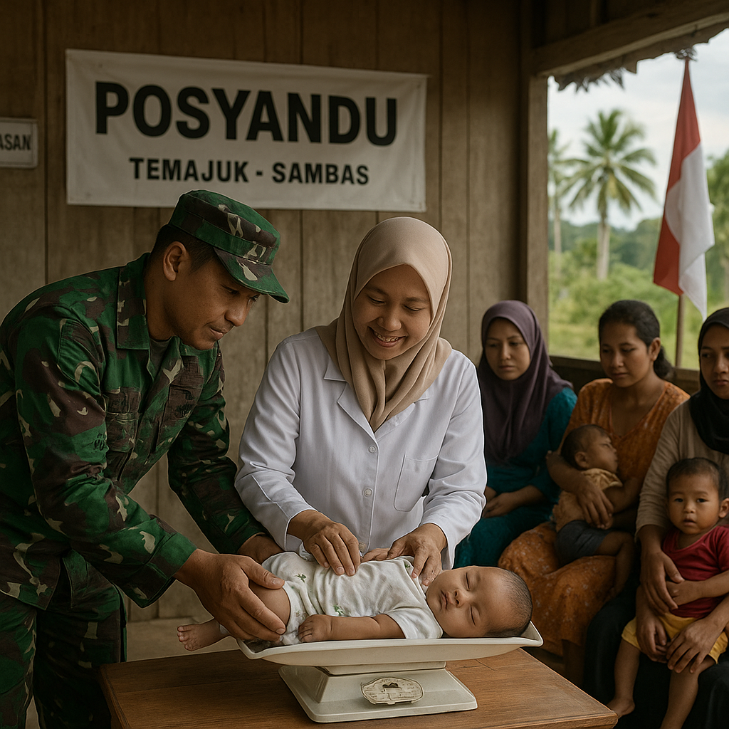 Dukung Kesehatan Masyarakat, Babinsa Temajuk Dampingi Nakes Laksanakan Posyandu di Perbatasan