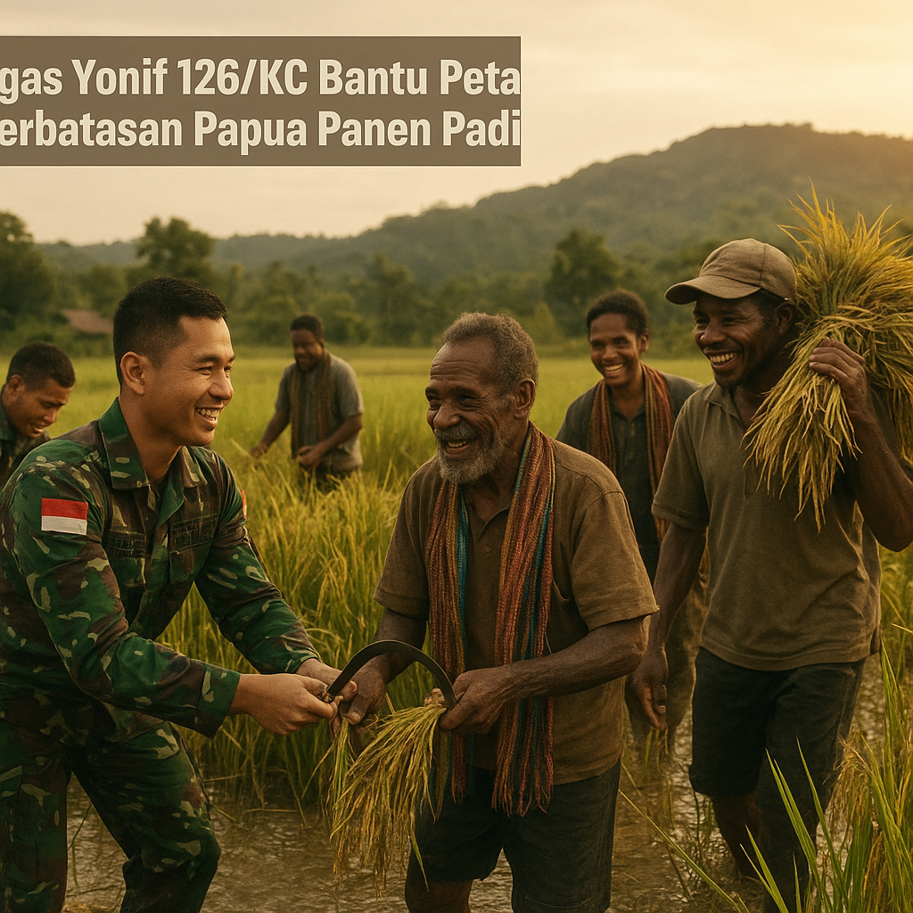 Satgas Yonif 126/KC Bantu Petani di Perbatasan Papua Panen Padi