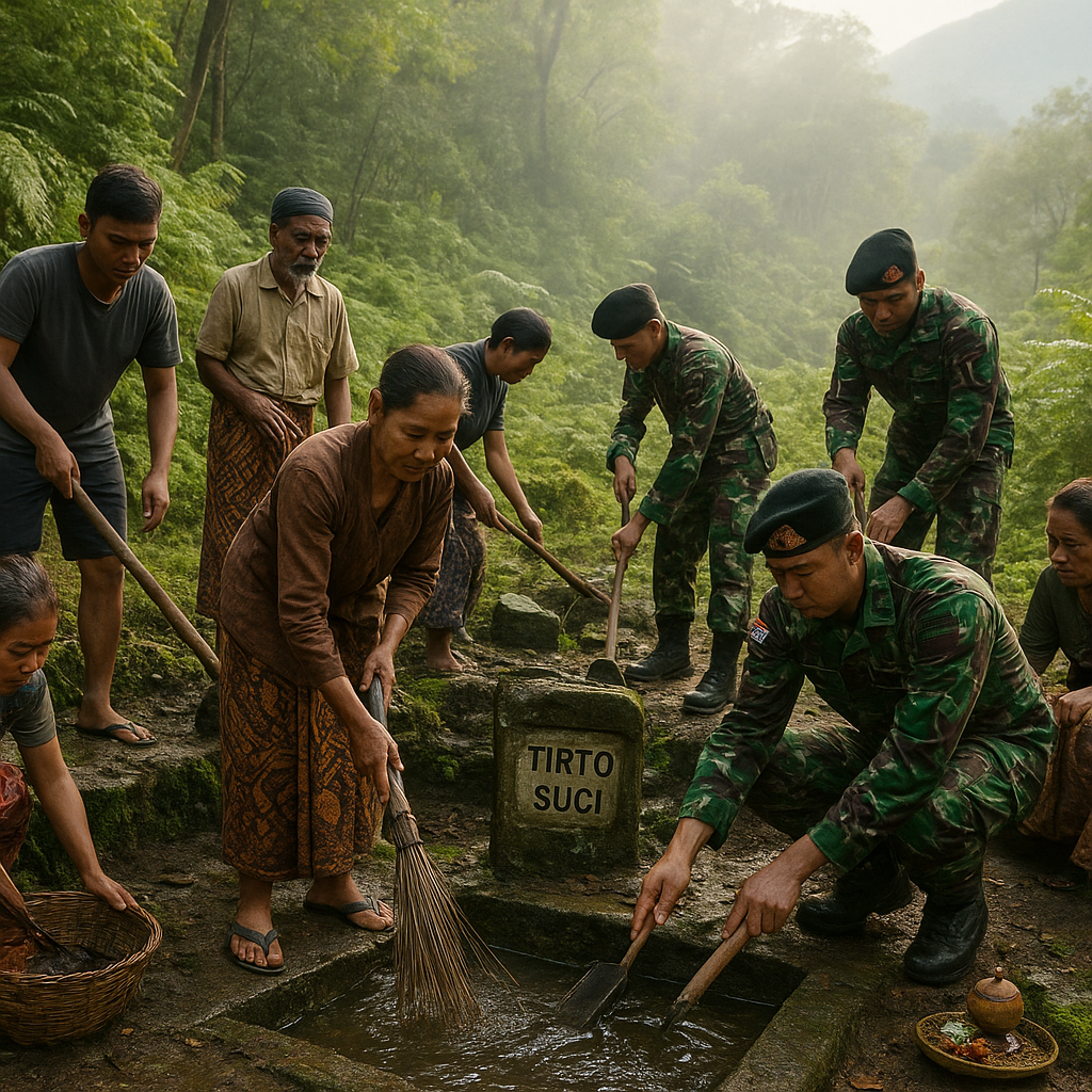TNI dan Warga Bersihkan Sumber Mata Air Suci di Lereng Gunung Lawu
