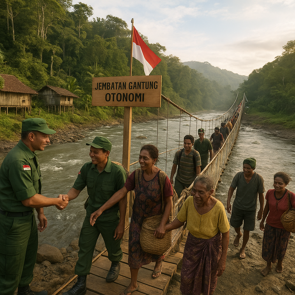 Jembatan Gantung Buatan TNI Akhirnya Sambungkan Dua Kampung di Pedalaman Papua