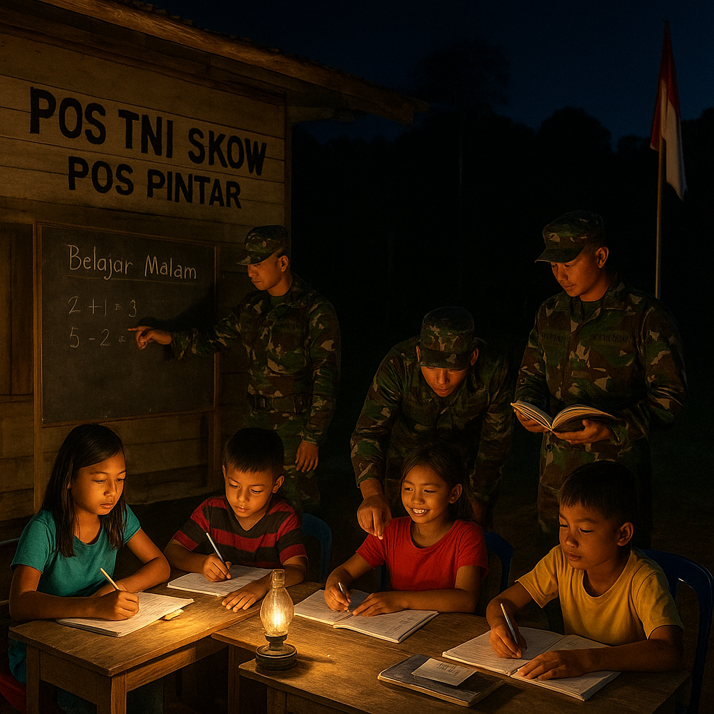 Pos TNI di Perbatasan Kalimantan-Malaysia Jadi Tempat Belajar Anak-anak Setiap Malam