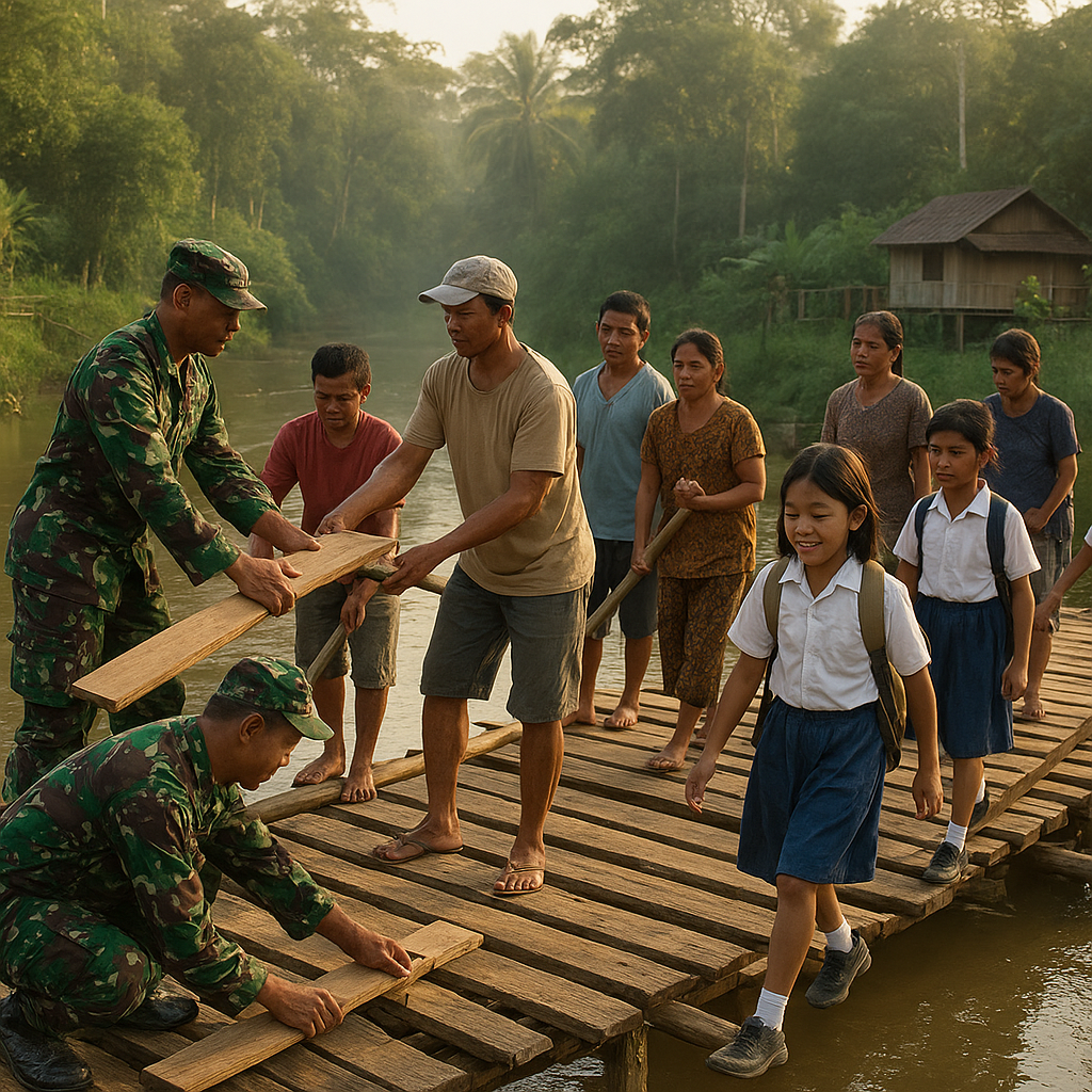 Anggota Satgas TNI Membangun Titian Sungai untuk Anak Sekolah di Katingan