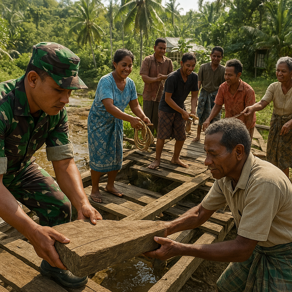 Prajurit TNI Bersama Warga Perbaiki Jembatan Rusak di Desa Terpencil Maluku