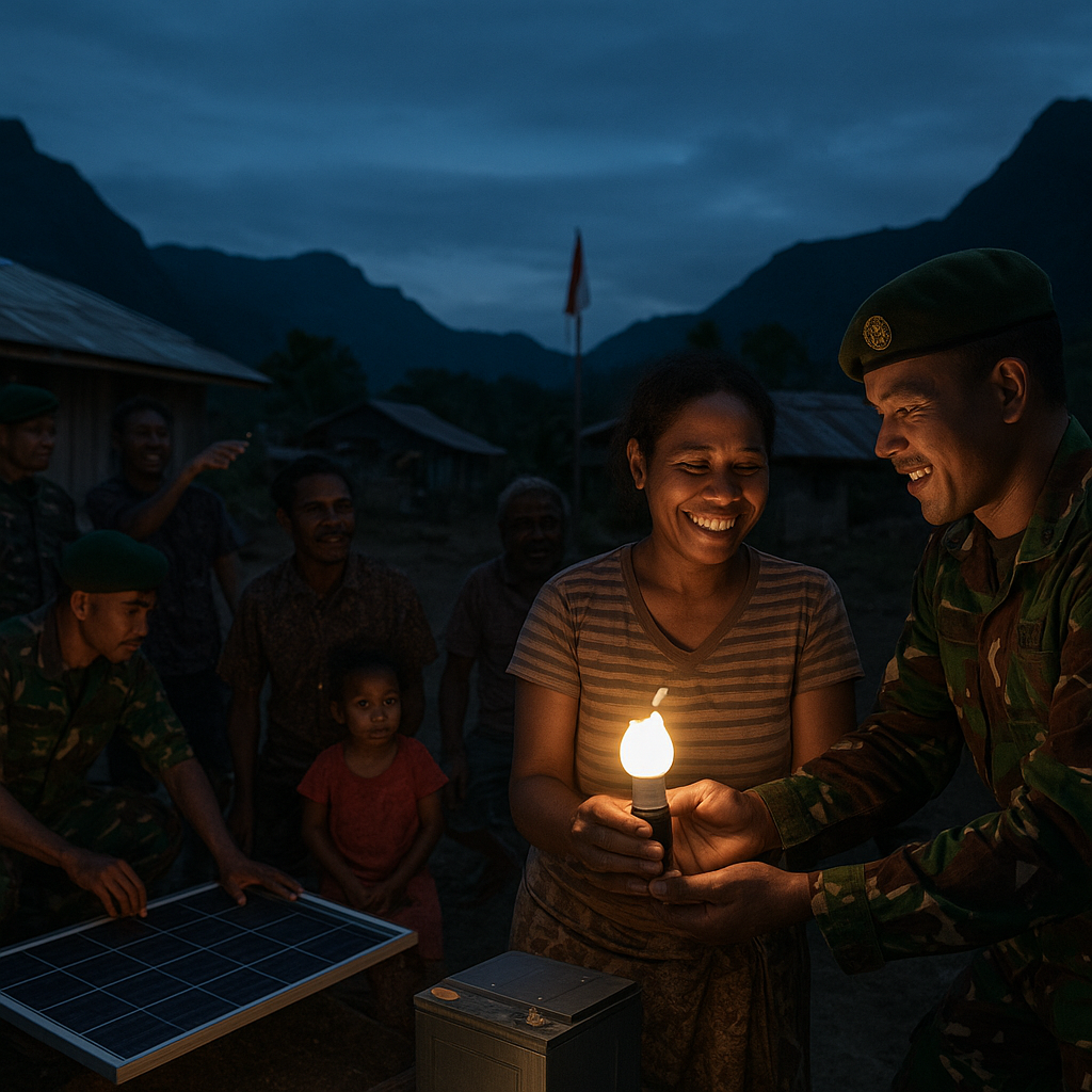 Cahaya di Dusun Terpencil: Batalyon 411 Kostrad Resmikan Listrik Tenaga Surya untuk 50 Keluarga di Pegunungan Papua