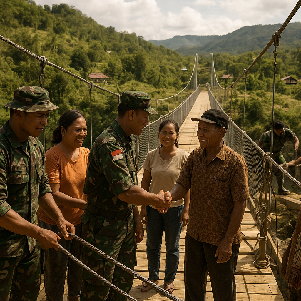 Bersama Warga, Satgas TMMD Bangun Jembatan Gantung Penghubung Dua Desa di Flores yang Terputus 10 Tahun