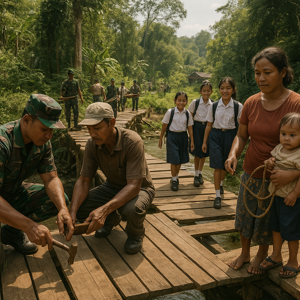 Satgas TNI Bantu Perbaiki Jembatan Rusak di Perbatasan Kalimantan, Anak Sekolah Kembali Bisa Lewat dengan Aman