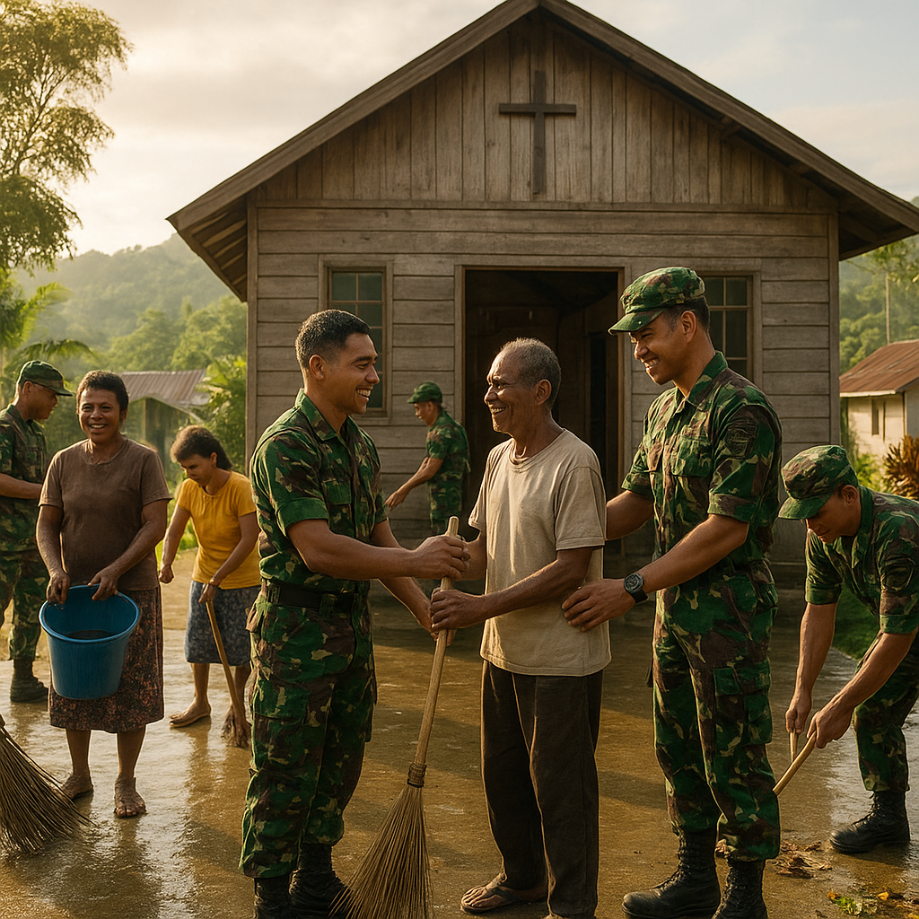Satgas Yonif 631/Antang Bersihkan Gereja di Papua, Wujud Nyata TNI Bangun Kedekatan dengan Warga