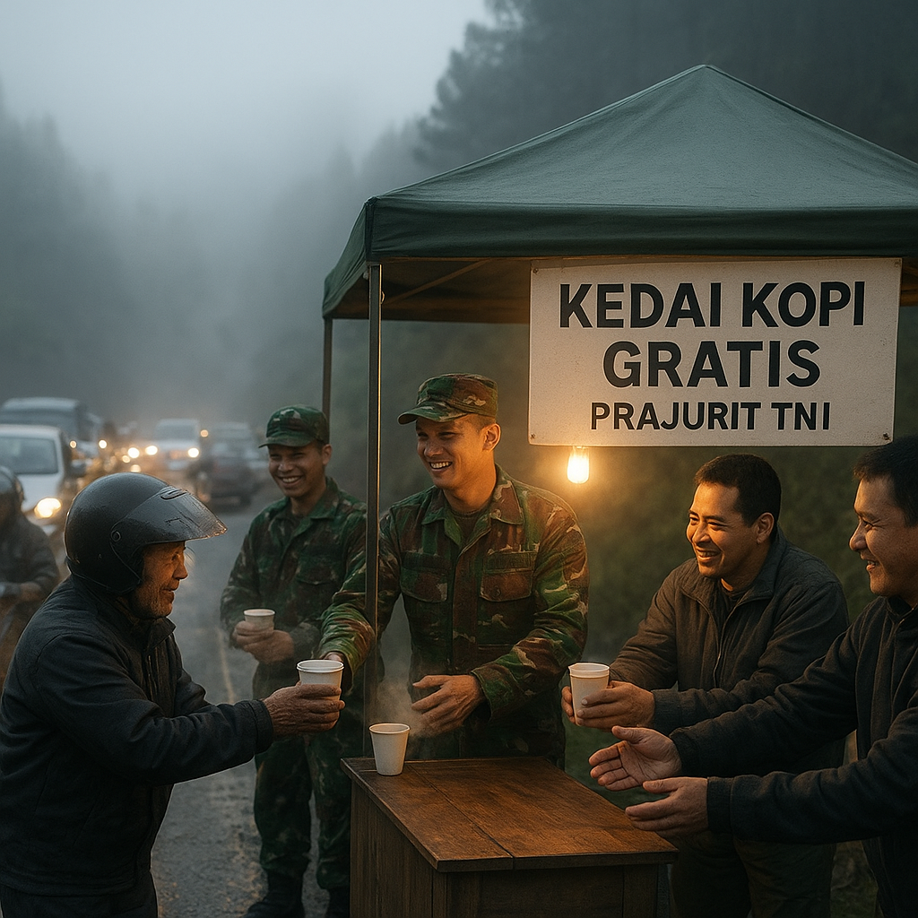 Kedai Kopi Gratis Prajurit TNI untuk Pengendara yang Terjebak Macet di Jalur Pegunungan