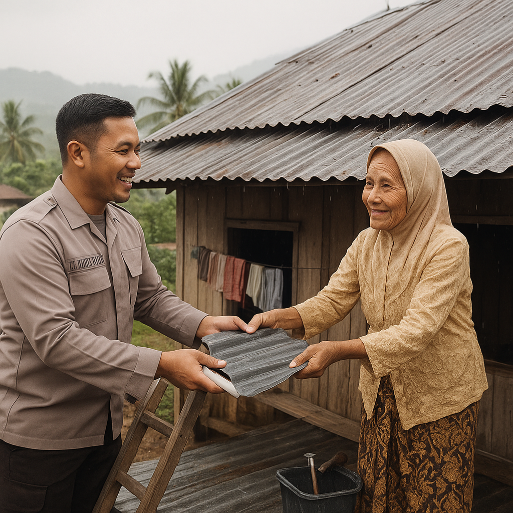 Bhabinkamtibmas di Sumbawa Bantu Warga Perbaiki Atap Rumah yang Bocor