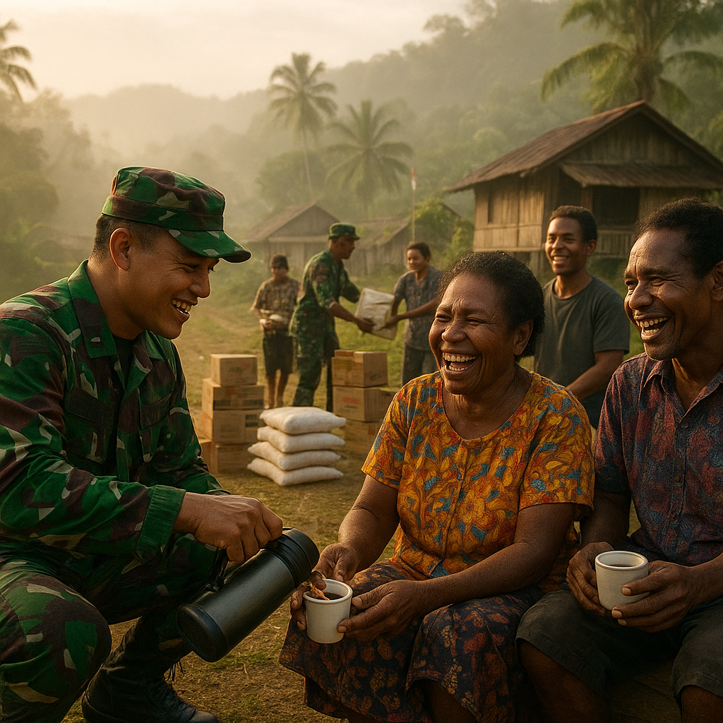 TNI Bagikan Bahan Pokok di Desa Terpencil Papua, Warga Tertawa Lepas Saat Kopi Disajikan
